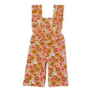 Retro Flower Power Print Sleeveless Ruffled Jumpsuit Hippie Costume Overalls 2T